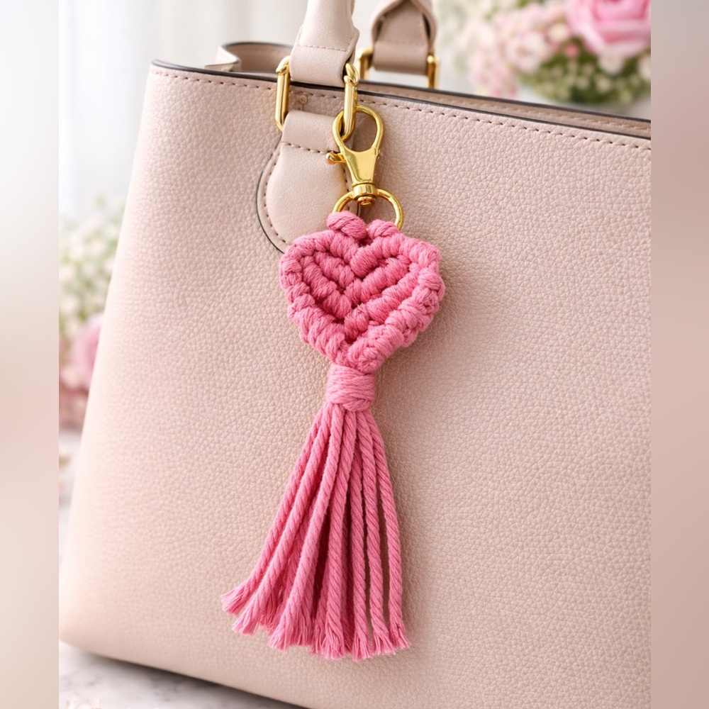 HANDCRAFTED Macrame Heart pink Bag Charm Keychain Bohemian Purse Jewelry NEW